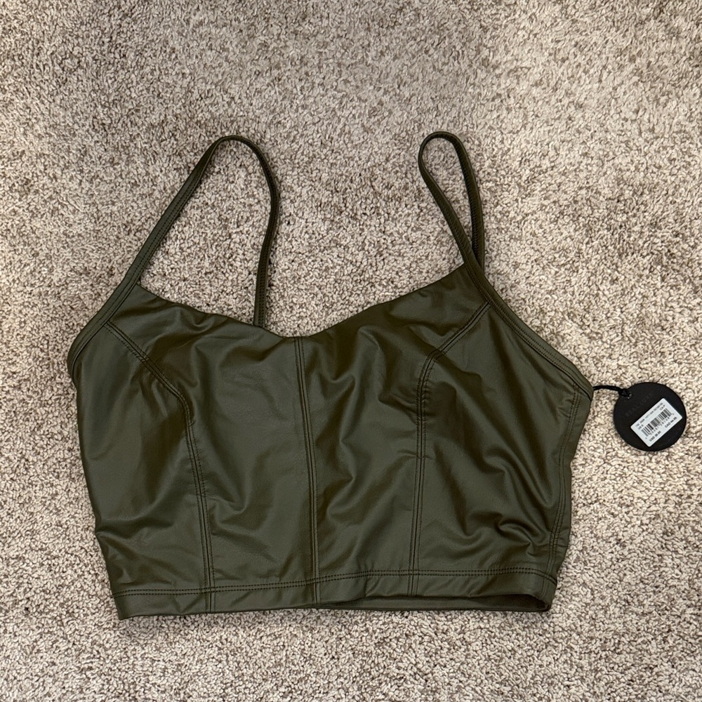 Offline By Aerie Faux Leather Medium Support Stretch Bralette Bra  Green S NWT